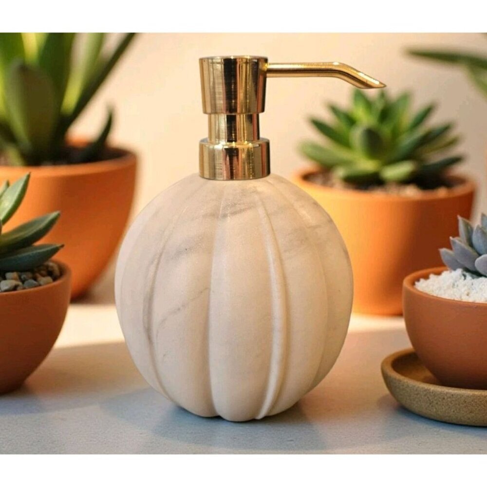 New White Marble Pumpkin W/ Gold Top Soap Dispenser Decor Bathroom Kitchen